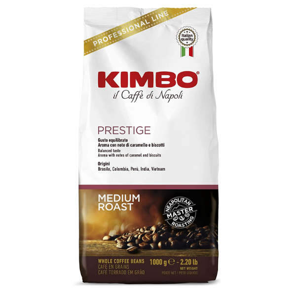 CAFE KIMBO EN GRANO PRESTIGE (80% ARABICA – 20% ROBUSTA) PACK DE 1 UNIDAD DE 1 KILO