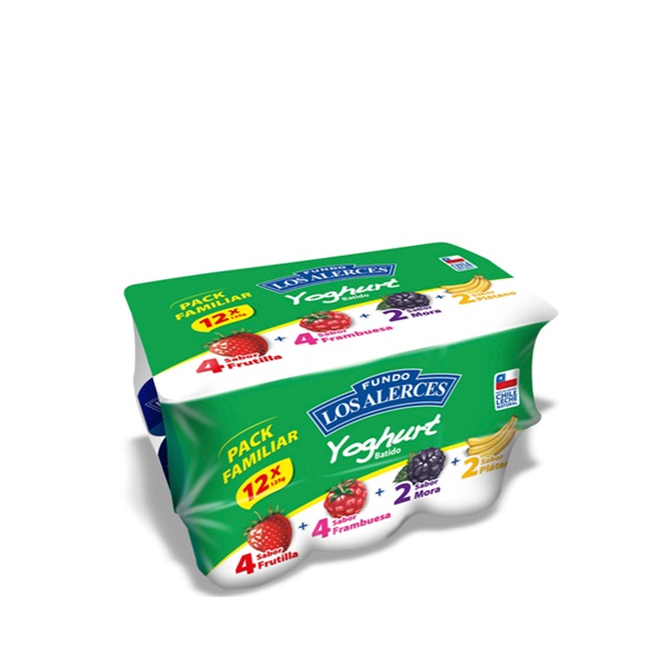 LOS ALERCES PACK FAMILIAR YOGHURT BATIDO FRUTILLA,MORA,FRAMBUESA,PLÁTANO. LOTE DE 4 MULTIPACKS CON 12 POTES DE 125G C/U